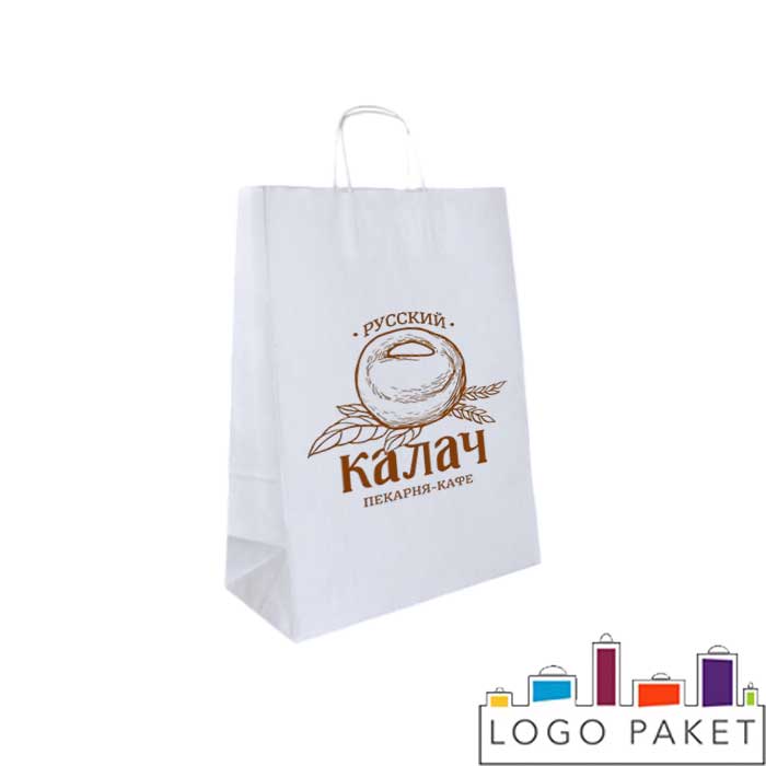 Белые крафтовые пакеты с кручеными ручками и логотипом с 2-х сторон